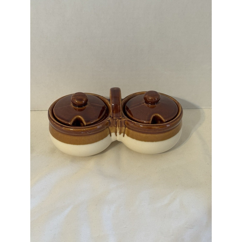 Vintage USA Oven Proof Double Condiment Server Brown‎ Tan Drip Glaze w/Lids